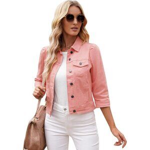 Women's Cropped Denim Jean Jacket Stretchy Puff Sleeve Casual